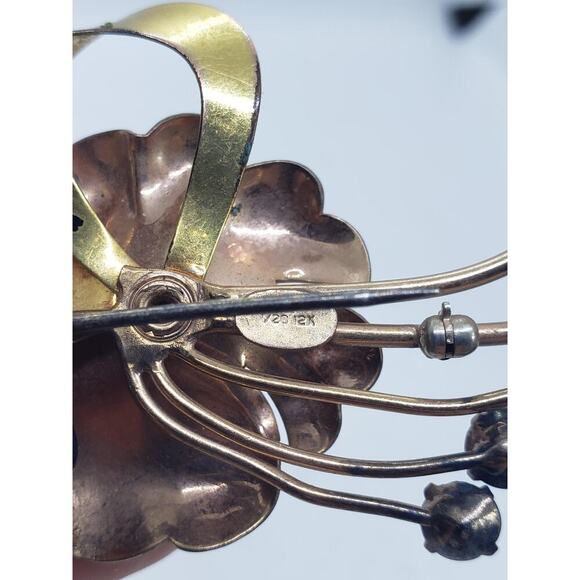 Vintage 1/20 12K Gold Filled Floral Brooch 3D Blue Rhinestones Two Harry Iskin - Picture 7 of 10